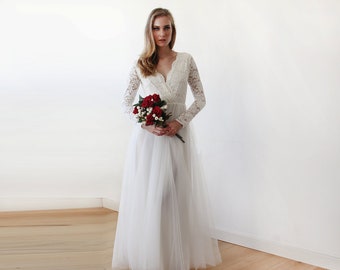 Ivory Lace Long Sleeves Wedding Dress, Tulle and Lace Bridal Gown, Long Sleeve Wedding Dress, Tulle Wedding Dress empire 1125.