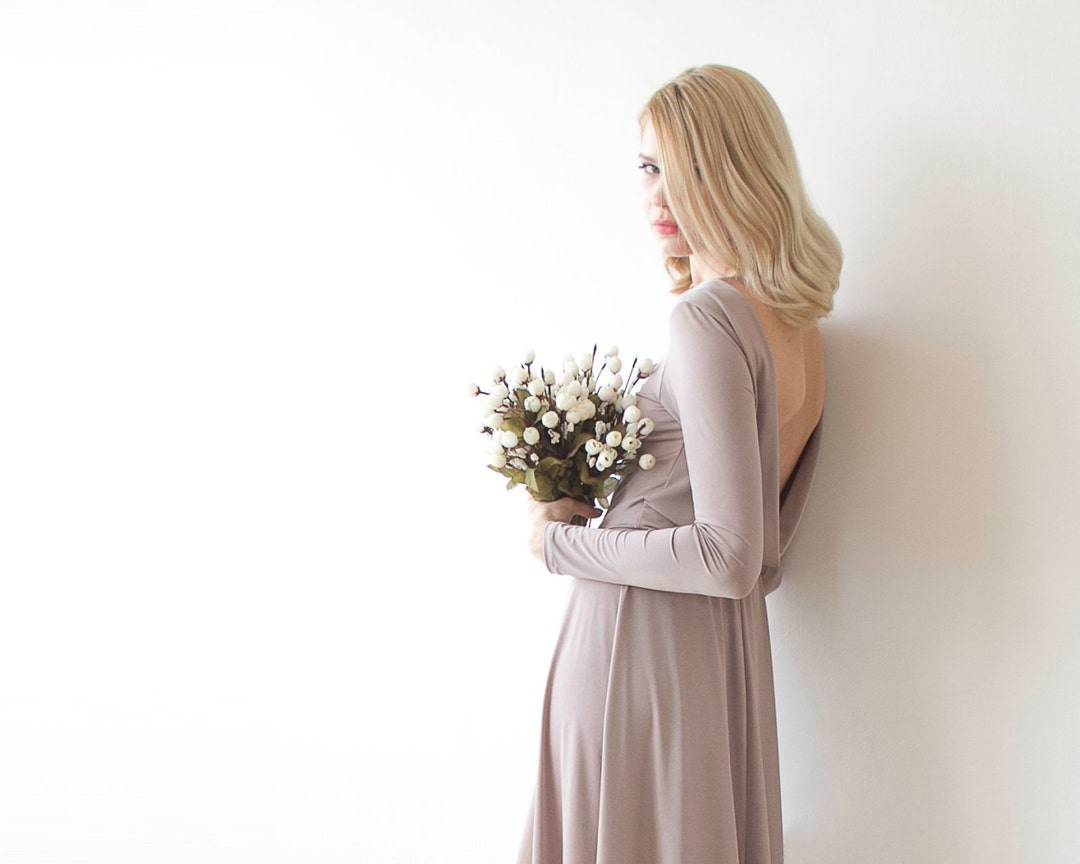 Taupe Backless Mini Dress, Bridesmiads Dress With Long Sleeves #1042 - Etsy