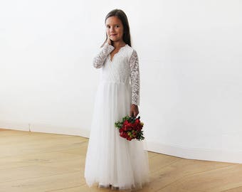 Tulle & lace long sleeves Ivory Flower Girls Gown #5043