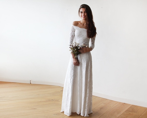 Ivory Off Shoulder Wedding Maxi Dress Three Quarters Sleeves Etsy