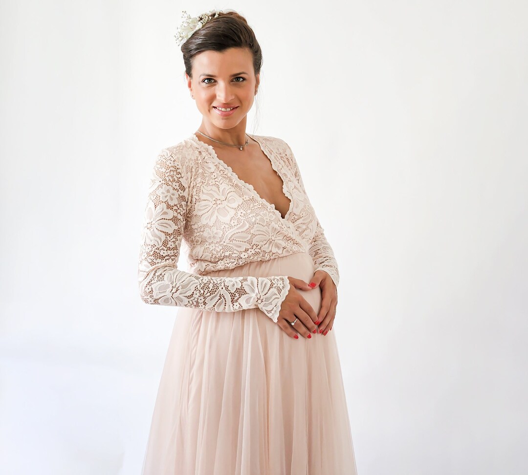 Blush Lace Maternity Dress: Tulle Pregnancy Gown, Photoshoot Dress