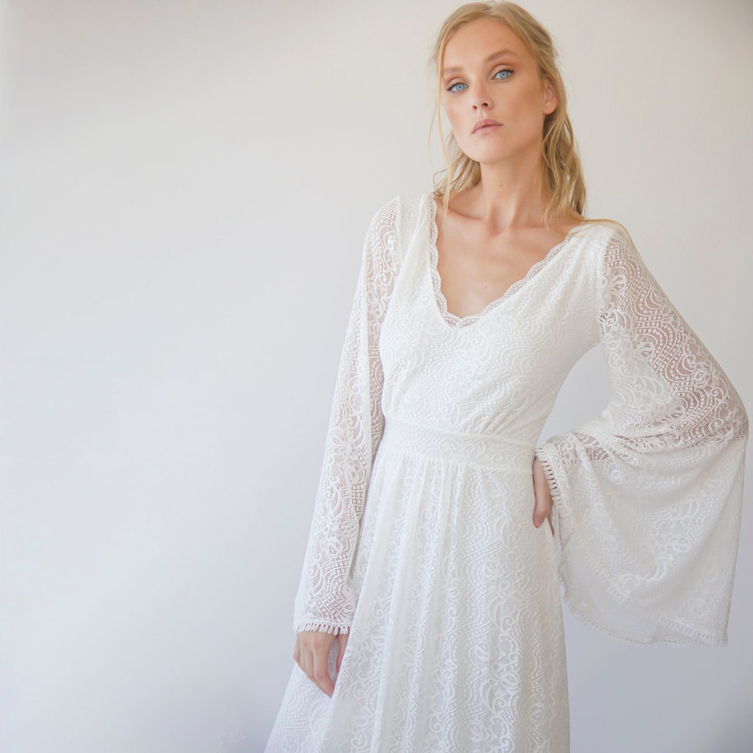 Ivory Bohemian V Neckline Wedding Dress With Bell Sleeves #1284 - Etsy