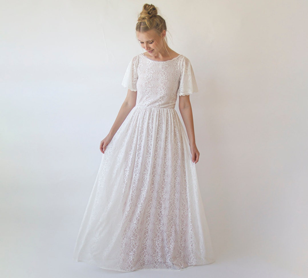 Vintage Satin Lace Short Sleeve Wedding Dress