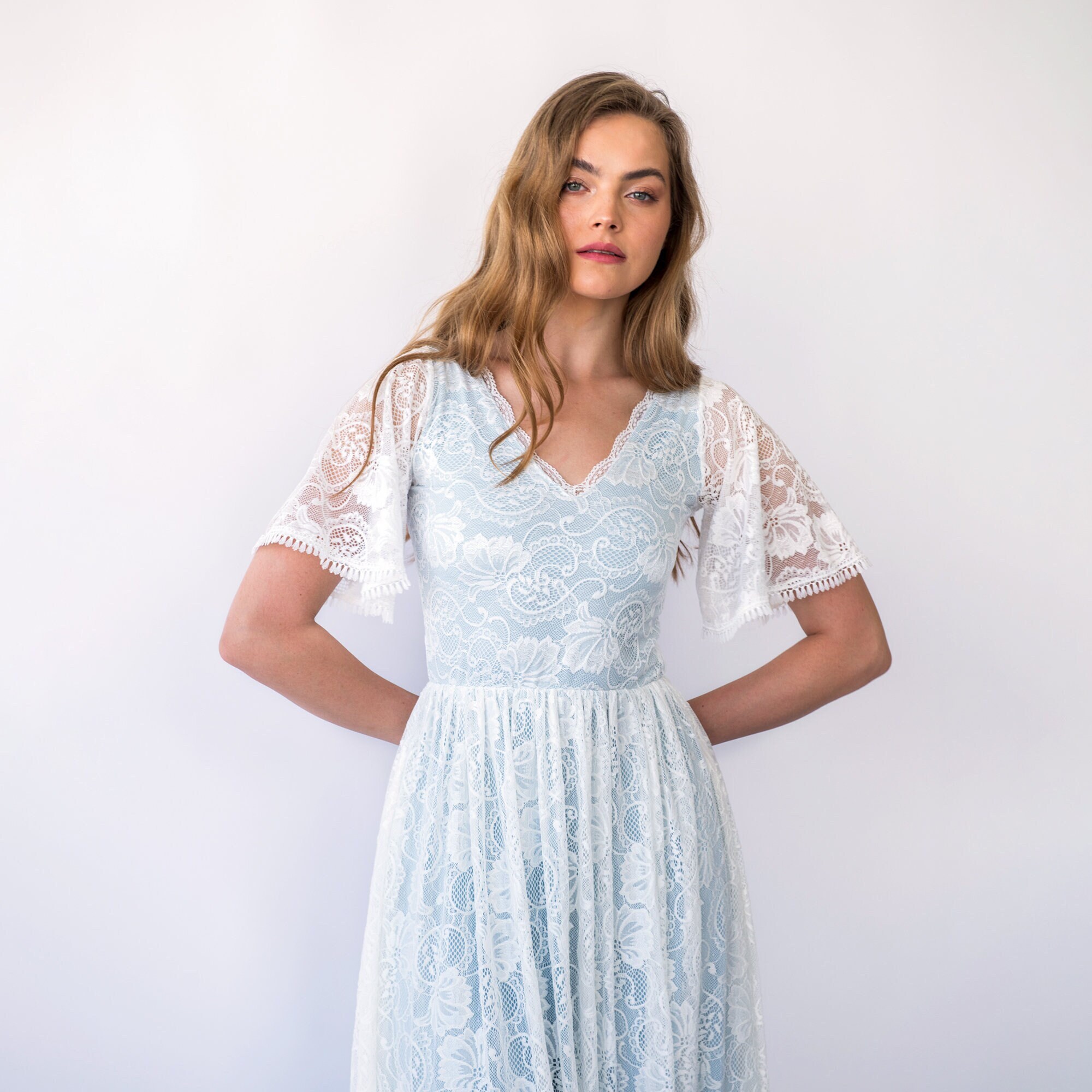 New Collection Light Blue Butterfly sleeves bohemian wedding dress #1428