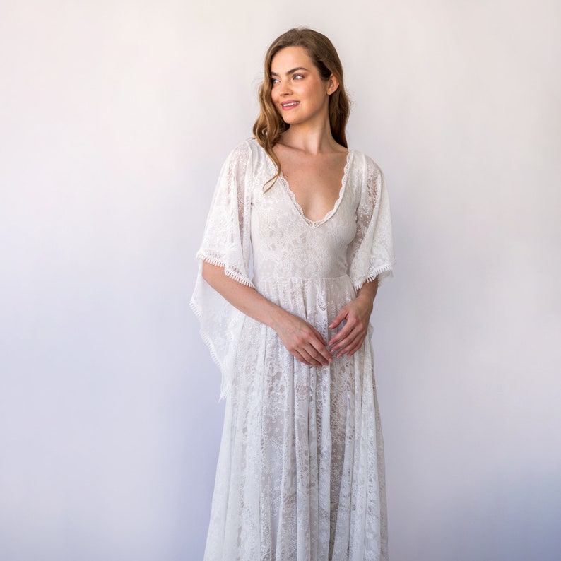 Bestseller Vintage Style Open Back, Deep V Neckline Angel Sleeves Bohemian Pearly White Wedding Dress 1468 image 8