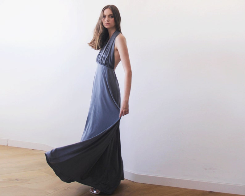 Halter neck grey maxi gown, Backless maxi grey dress 1070 image 5