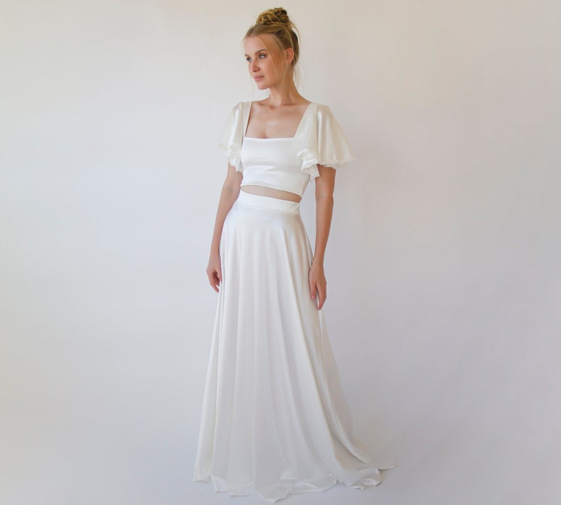 Two Piece wedding outfit, Silky Wedding Maxi Skirt and Silky Top with squire neckline 1354 image 4