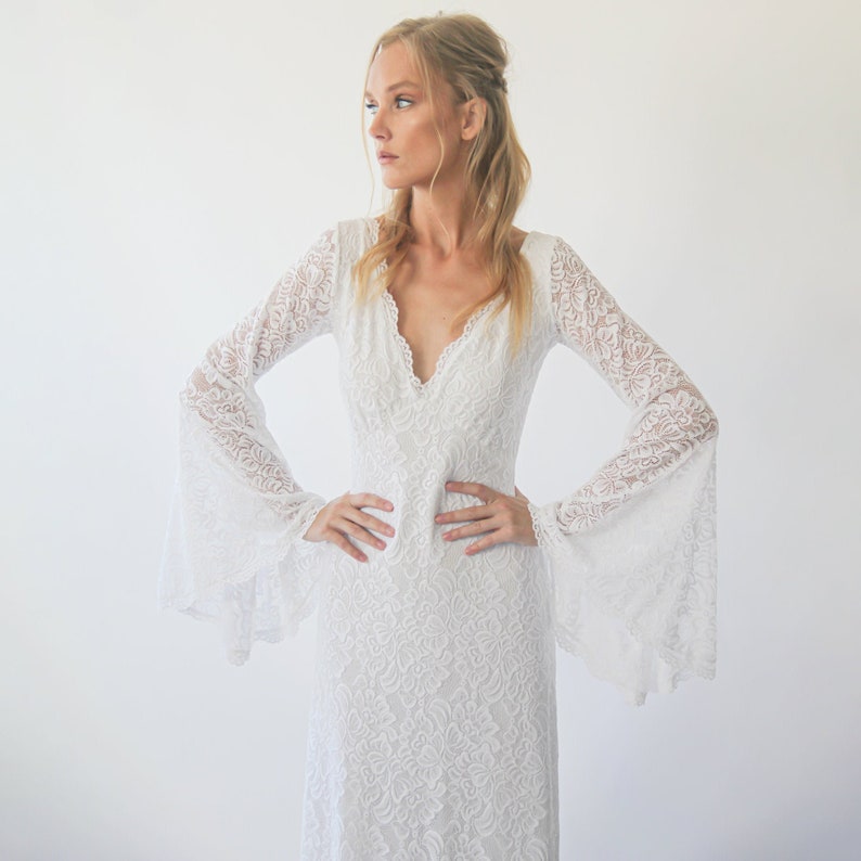 Ivory Bohemian Bell sleeves ivory Wedding Dress ,Empire waistline 1291 zdjęcie 2