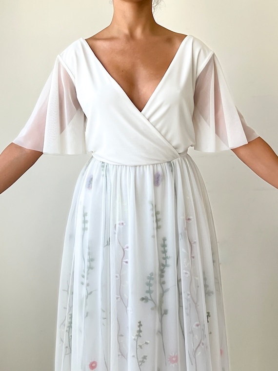 Floral Embroidered White Dress ,Ivory Wrap Chiffon Mesh Wedding Dress #1422