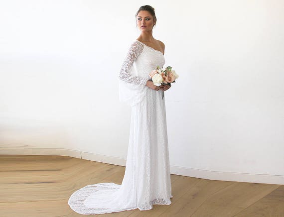 Simple Ivory One Shoulder Draped Wedding Dress with Slit