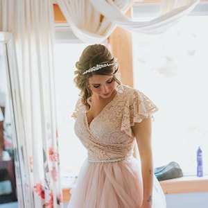 Fairy Blush pink wrap lace bohemian wedding dress, butterfly sleeves ,Pastel wedding dress 1293 image 3