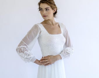 Boho Wedding Dress with Square Neckline | Vintage-Inspired Lace Bridal Gown with Balloon Sleeves #1497