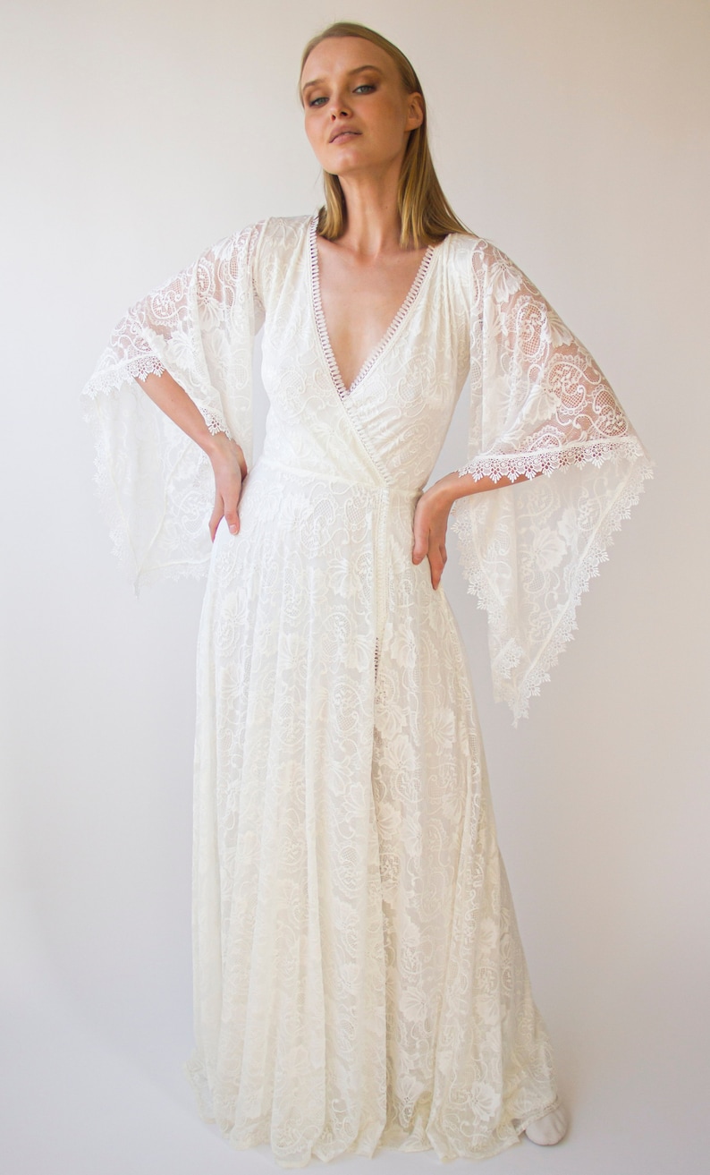 Angel Sleeves, Gipsy layered Bohemian Dress, Maxi lace wedding dress with a slit, Vintage style1406 image 5