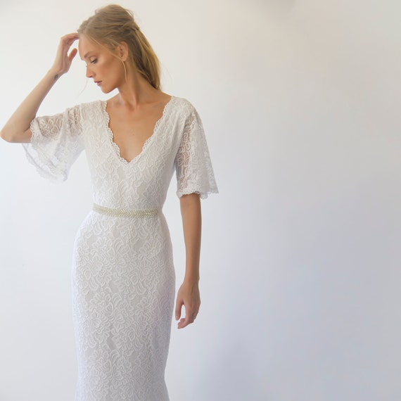 lace dress with sash Vintage Inspired Lace High-Low Wedding Dress: Jeweled Sash