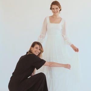 Boho Wedding Dress with Square Neckline | Vintage-Inspired Lace Bridal Gown with Balloon Sleeves #1497