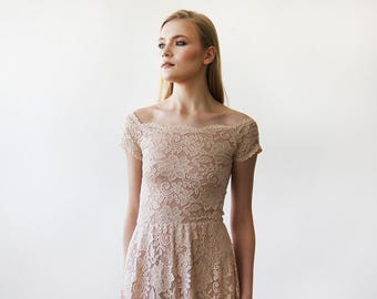 Bridesmaids Off-The-Shoulder Blush Pink Gown, Short Sleeves Lace bridesmaids Blush dress 1142