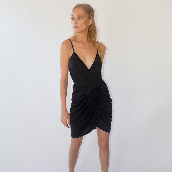 Black Mini Wrap Dress: Knit Viscose Blend Bridesmaid Dress