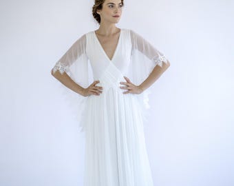 Boho Chiffon Wedding Dress: Sheer Flutter Sleeve Lace Bridal Gown