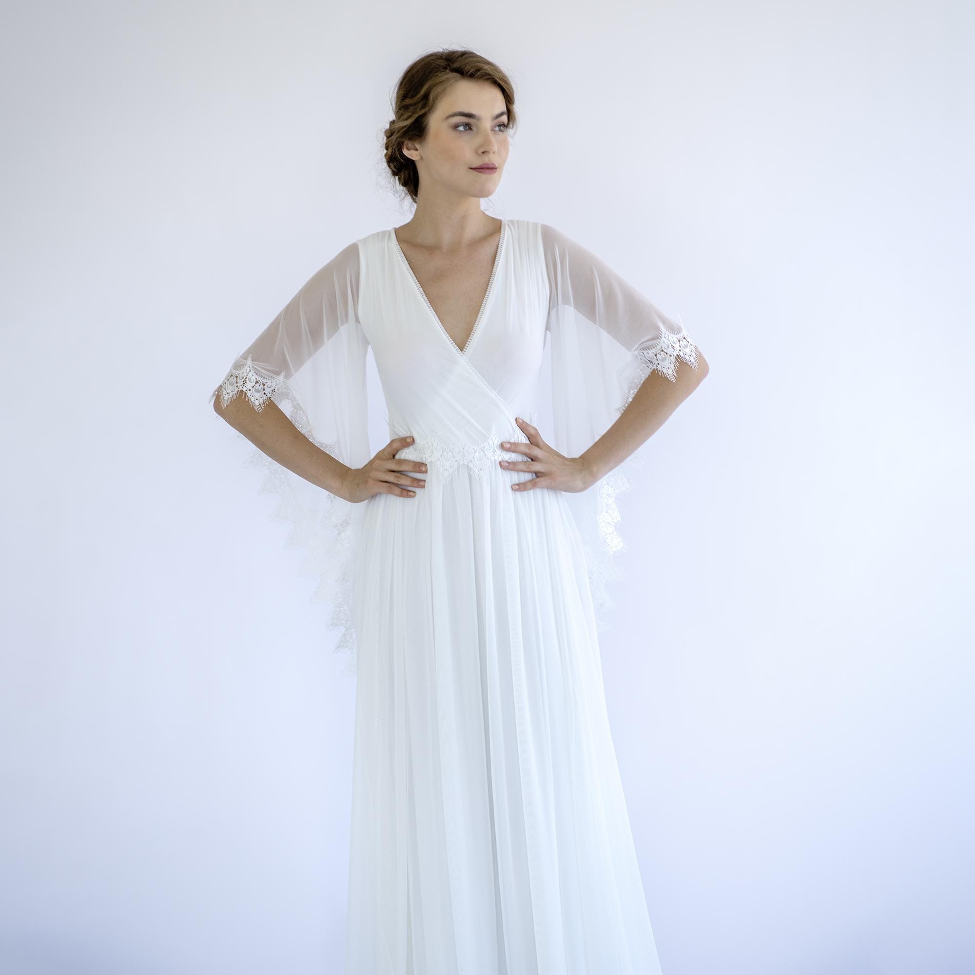 sachin and babi light blue dress June Bridals A-Line V-Neck Chiffon Summer Wedding Dress Beach with Illusion Low-V Back and Poet Sleeves