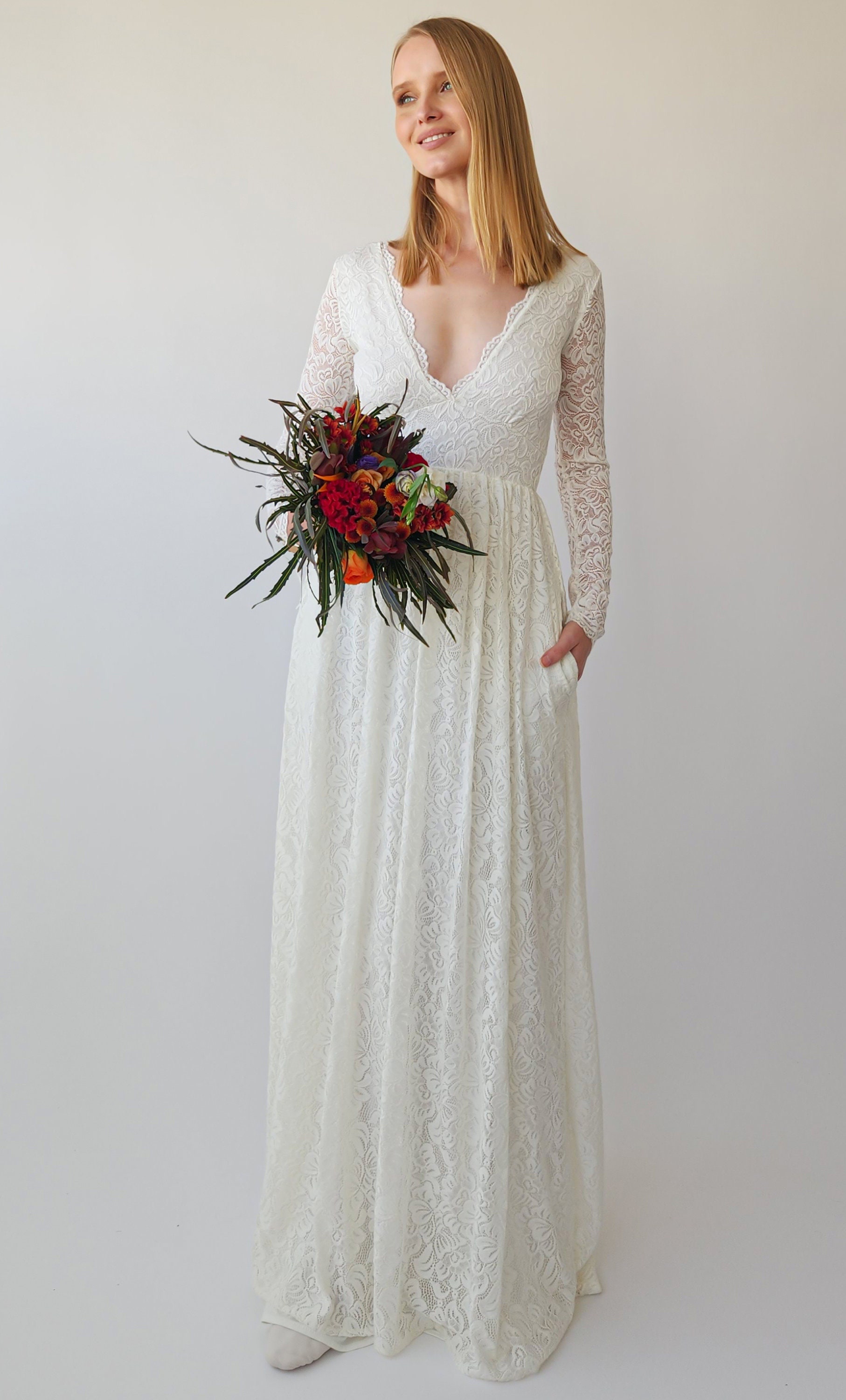 Bohemian Ivory Lace Wedding Dress: Empire Waist Maxi Gown with Pockets Bohemian Ivory Lace Wedding Dress: Empire Waist Maxi Gown with Pockets