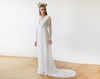 Ivory Wrap Floral Lace Long Sleeve Gown with a Train #1151