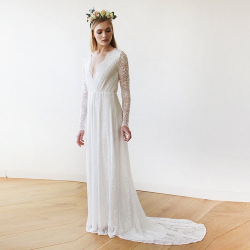 Ivory Wrap Floral Lace Long Sleeve Gown 