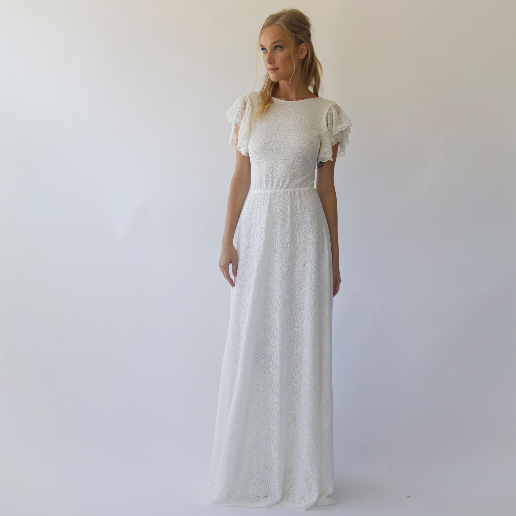 Ivory Vintage Lace Flutter Sleeves Open Back Wedding Dress - Etsy Australia