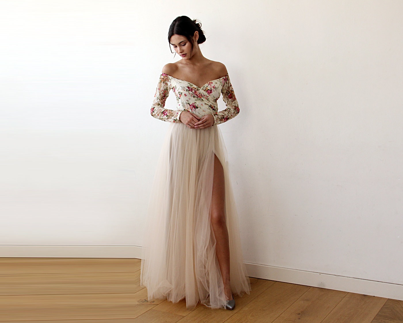 Off-Shoulder Floral And Champagne Tulle Dress With A Slit
