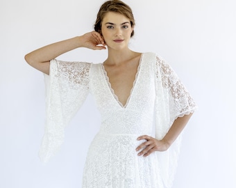 Boho Lace Wedding Dress: Deep V-Neck Bell Sleeve Bridal Gown