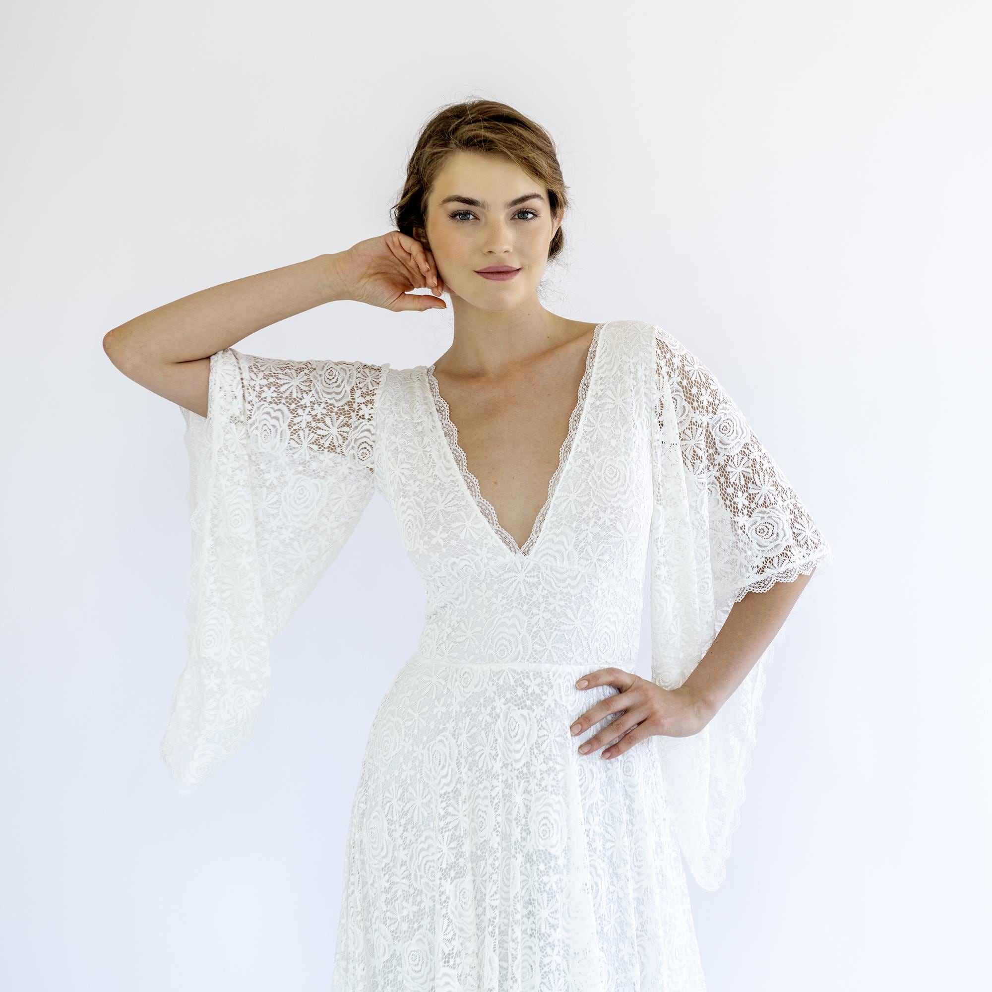 v neck dress with bell sleeves Pleated Long A-Line Formal Red / 10 UK Size 28 Floral Ethereal A-Line Boho Lace