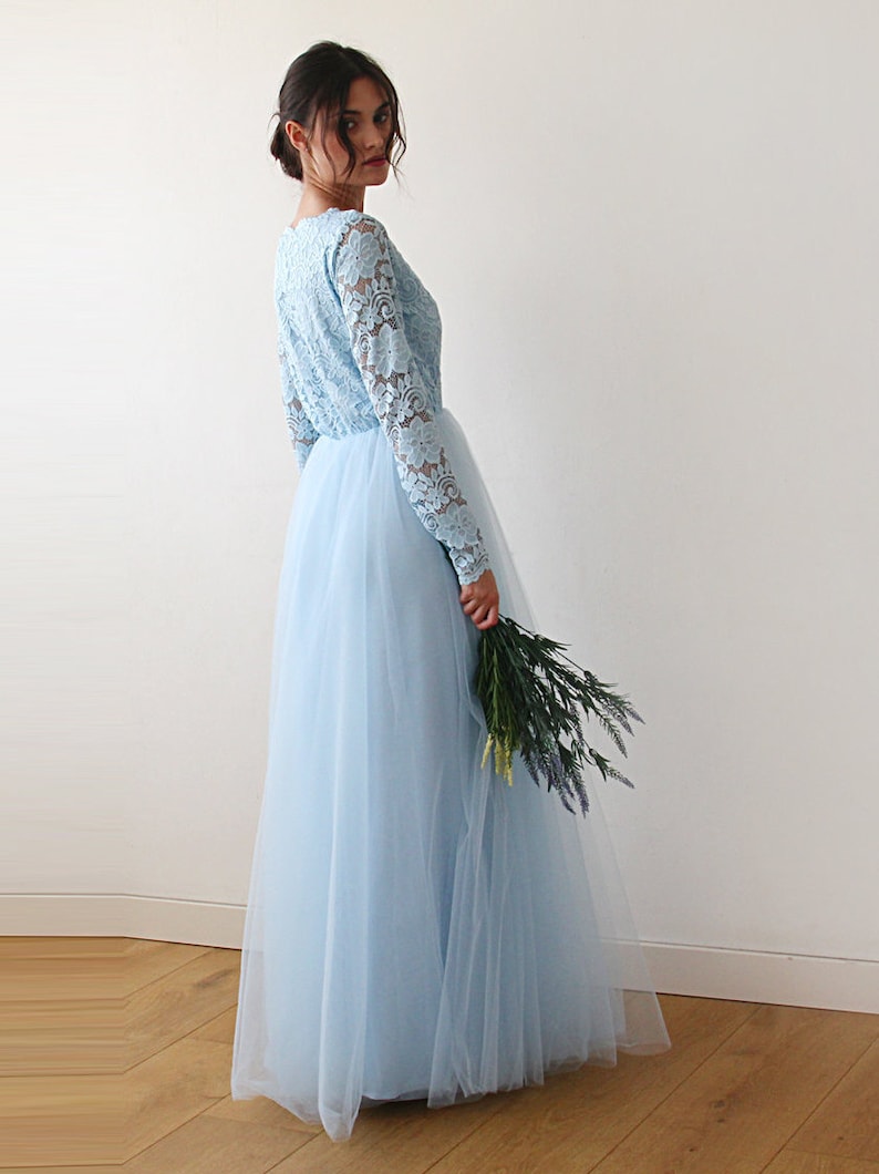 Long Sleeves Maxi Dress Light Blue tulle and lace Tulle and lace Light Blue dress 1125