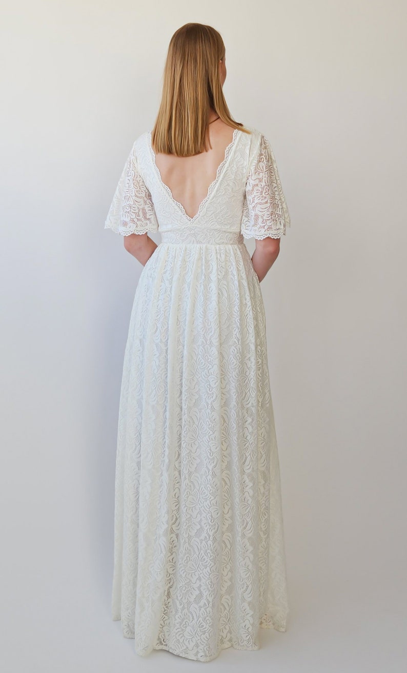 Butterfly Sleeves Ivory Bohemian Empire Lace Wedding Dress with Open back 1383 image 9