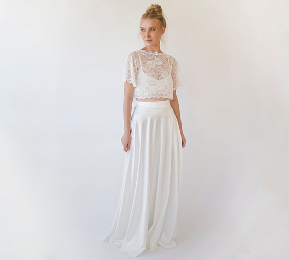Wedding Dress Separates, Two Piece Wedding Outfit , Silky Wedding Maxi  Skirt and Lace Cropped Top 1353 