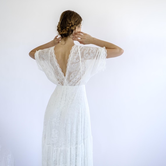 Handmade Boho Lace Wedding Gown: Ivory Batwing Sleeve Bridal Dress Handmade Boho Lace Wedding Gown: Ivory Batwing Sleeve Bridal Dress
