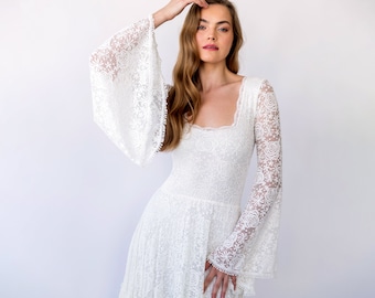 New Collection Square Neckline Belle sleeves with Gipsy layered Boho Skirt, Maxi lace wedding dress #1425