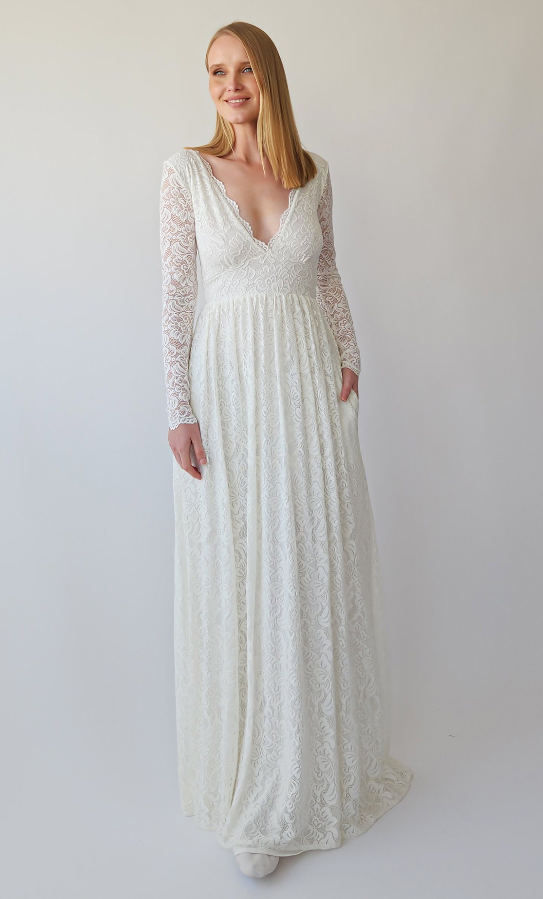 Bohemian Ivory Lace Wedding Dress: Empire Waist Maxi Gown with Pockets
