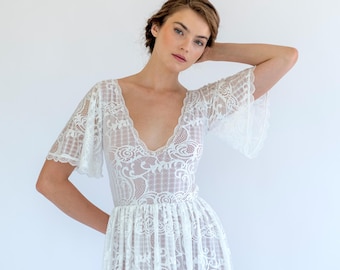 Boho Lace Wedding Dress: Ivory Bell Sleeve Bridal Gown