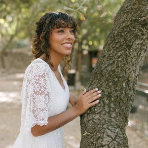 Bohemian Lace Bell Sleeve Wedding Dress | V-Neck Bridal Gown | Vintage-Inspired Boho Chic Wedding Dress #1516