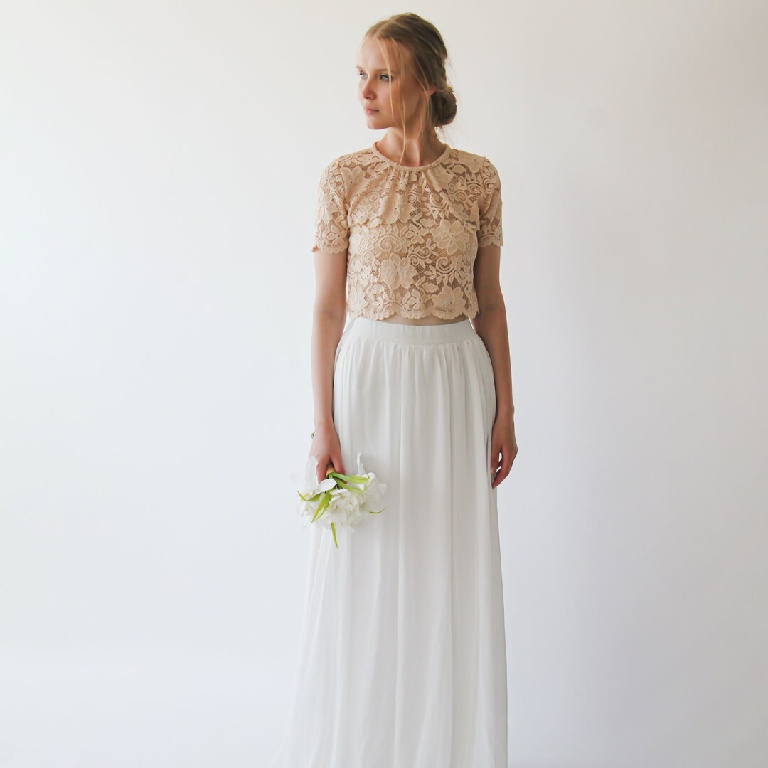 Wedding Dress Separates, Blush Lace Top, Ivory Chiffon Skirt