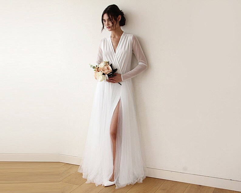 Ivory Tulle with Flowers Scoop Long Wedding Party Dress, Ivory Tulle Long Formal Gown