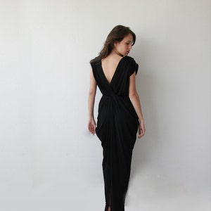 Black maxi bridesmaids dress, Gown with open back and short sleeves 1008 image 3