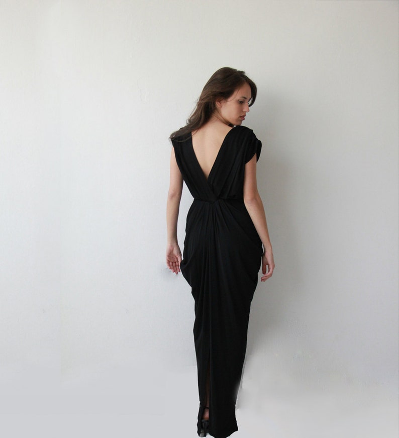 Black maxi bridesmaids dress, Gown with open back and short sleeves 1008 image 3