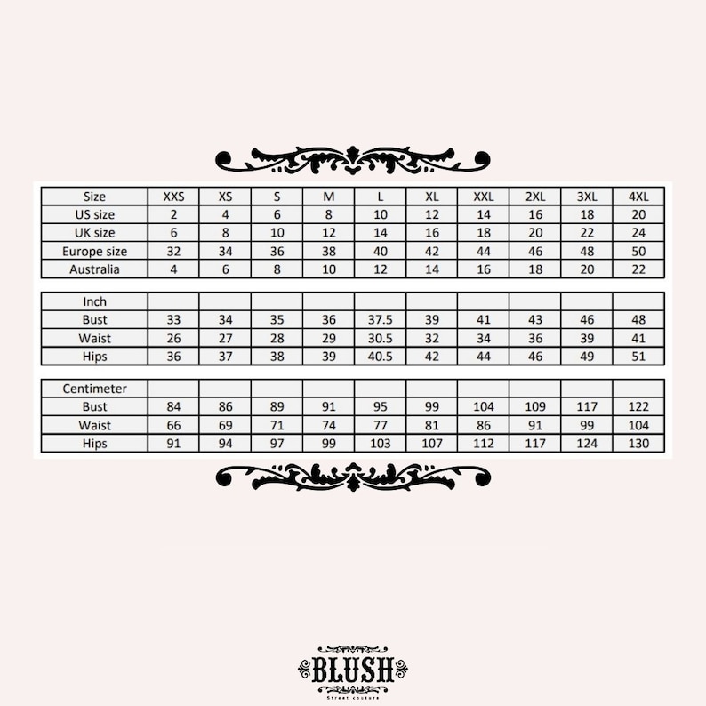 Puede incluir: Tabla de tallas para ropa en pulgadas y cent&iacute;metros. La tabla muestra tallas desde XXS hasta 4XL, con medidas de busto, cintura y caderas.