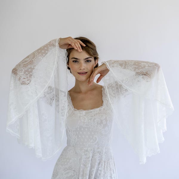 Boho Lace Wedding Dress: Bell Sleeves, Champagne Lining, Vintage Bridal Gown
