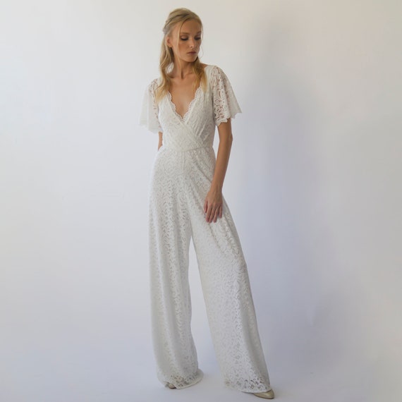 Bohemian Ivory Butterfly Sleeves Bridal Lace Wedding Jumpsuit