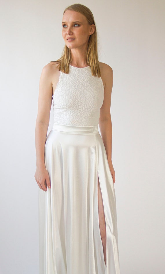 Bridal Lace top, Halter neckline Wedding fitted shirt #2063