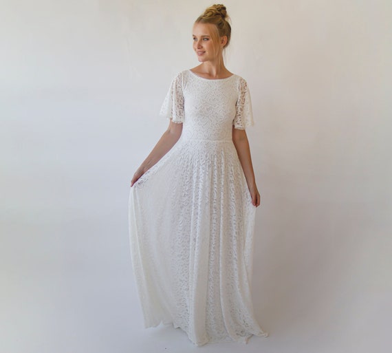 Bohemian Butterfly Sleeves , Modest Ivory wedding dress with pockets #1318