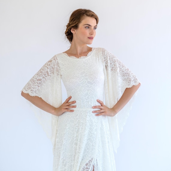 Boho Lace Wedding Dress: Angel Sleeves, High Slit, Vintage Style