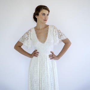 Ivory Lace Bohemian Wedding Dress: Butterfly Sleeves, Deep V-Back