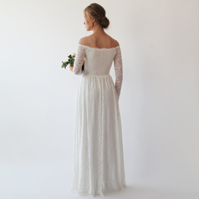 Bestseller Off the shoulder wrap wedding dress with pockets , bohemian wedding dress, Ivory lace long sleeves dress 1244 image 3